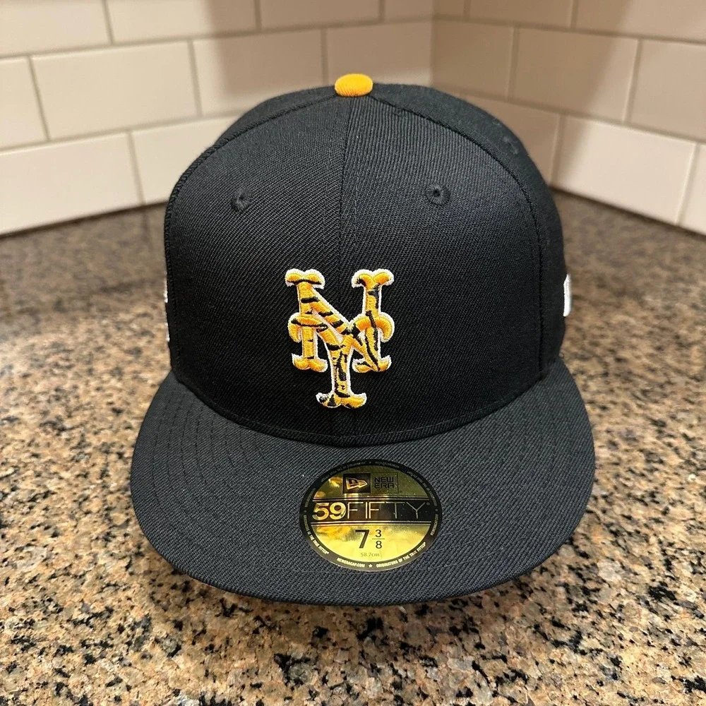 New York Mets New Era 59FIFTY Hat 7 3/8‎ Black Orange Tiger Stripe 1986 WS New